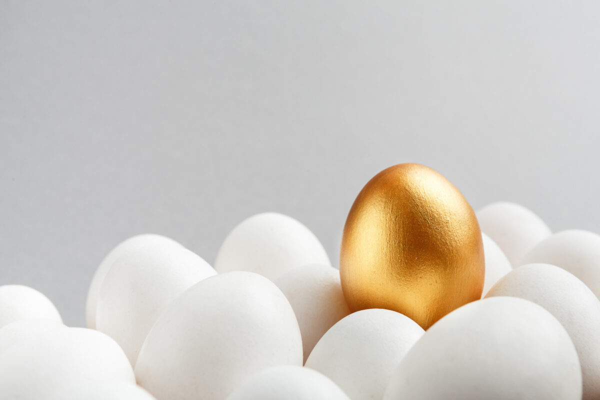 Golden egg standing out among white eggs, symbolizing unique investment opportunities and the importance of portfolio diversification.