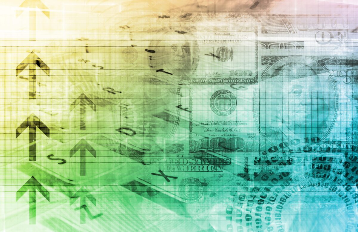 Abstract financial background with upward arrows and dollar bills, representing IPO investment strategies and market trends.